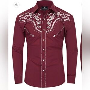 Men's Burgundy Embroidered Dress Shirt